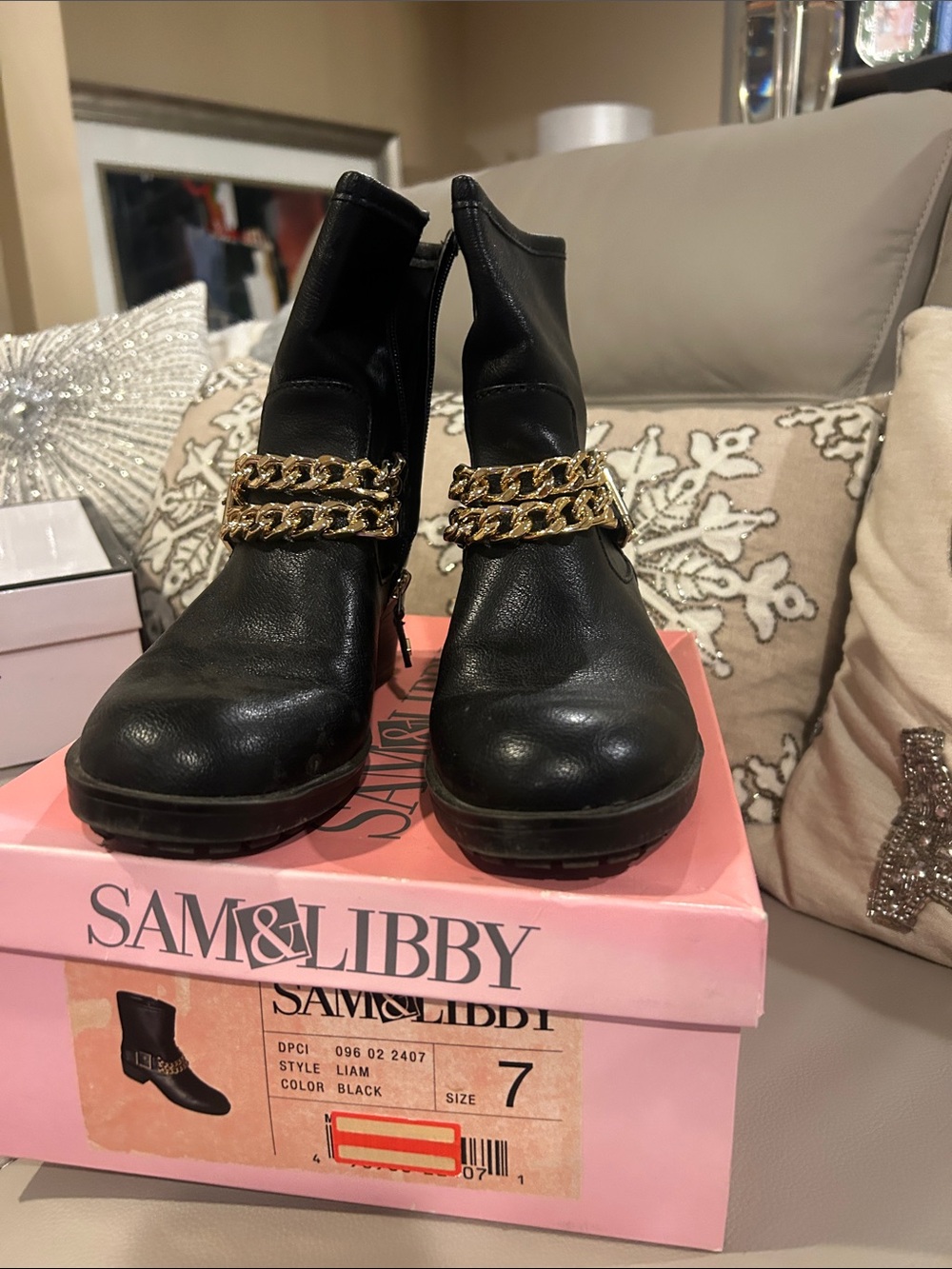 Sam & Libby Black Leather Ankle Booties with Gold Chain Accent